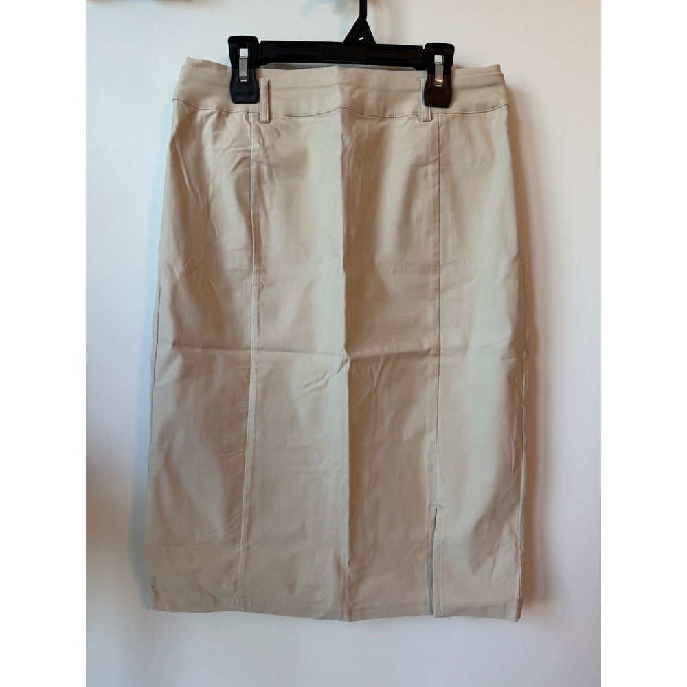 Kate Kasin Khaki Tan High Waisted Pencil Skirt Midi Front Slit Size M NWT